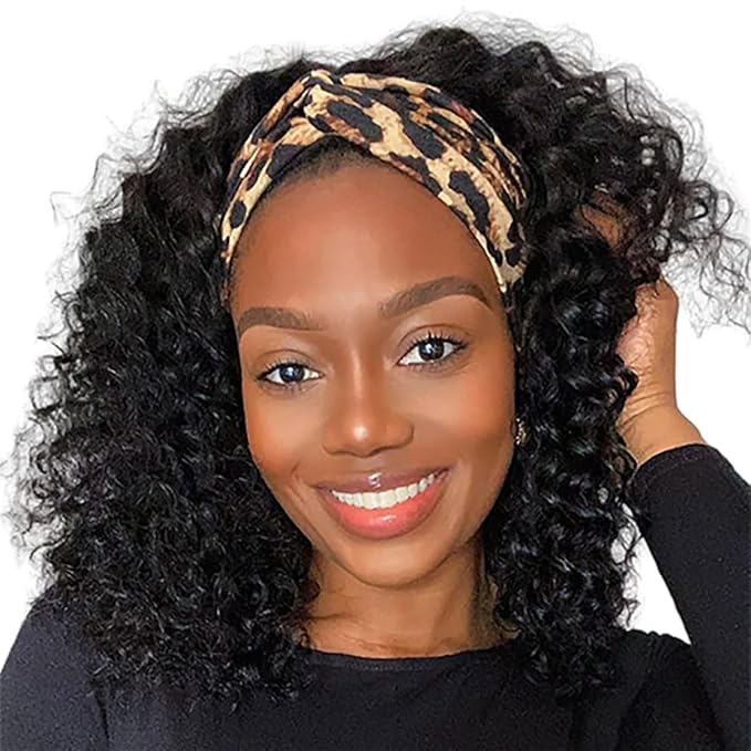 XSY Curly Headband Wig Human Hair 10 Inch Short Deep Wave Headband Wigs for Black Women Brazilian Virgin Glueless None Lace Front Wigs 150% Density Natural Color
