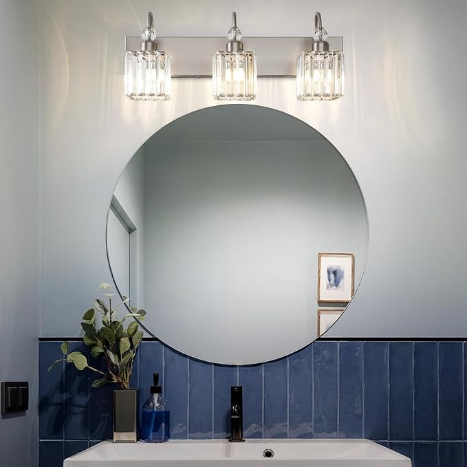 Ralbay Brushed Nickel Vanity Light for Bathroom Crystal 3-Light Modern Crystal Bathroom Light Fixtures