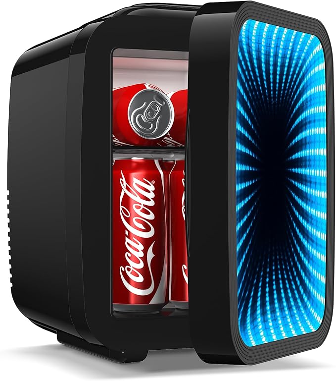 Mini Fridge, 4L/6 Can Small fridge with Dimmable Gaming Light for Bedroom,Office,Gaming room and Car,AC/DC Portable Thermoelectric Cooler & Warmer for Food, Drinks, Skincare,Black