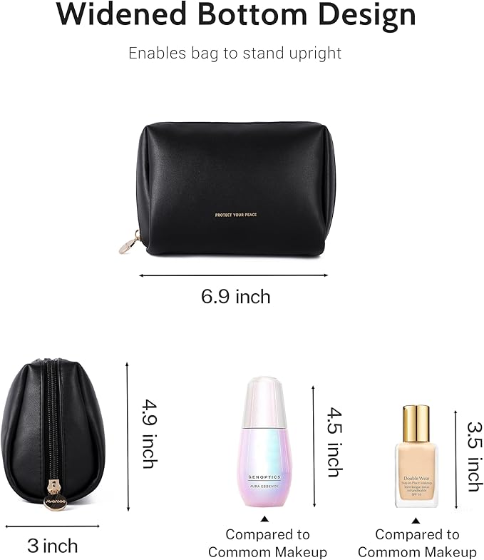 Aveniee Travel Makeup Bag Small, Vegan Leather Cosmetic Pouch for Purse, Wide-open Toiletry Organizer with Dividers & Zipper for Women-Black