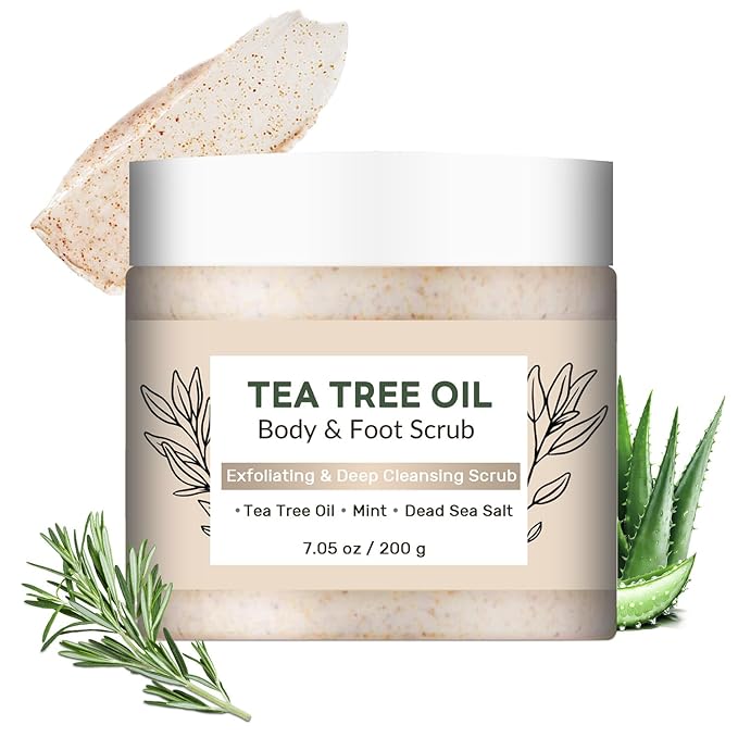 Tea Tree Body & Foot Scrub 7.05oz - Exfoliating & Deep Cleansing Scrub with Natural Tea Tree Oil, Mint & Dead Sea Salt - Refreshing Skin Care for Men & Women - Smooth & Revitalizing Body Scrub