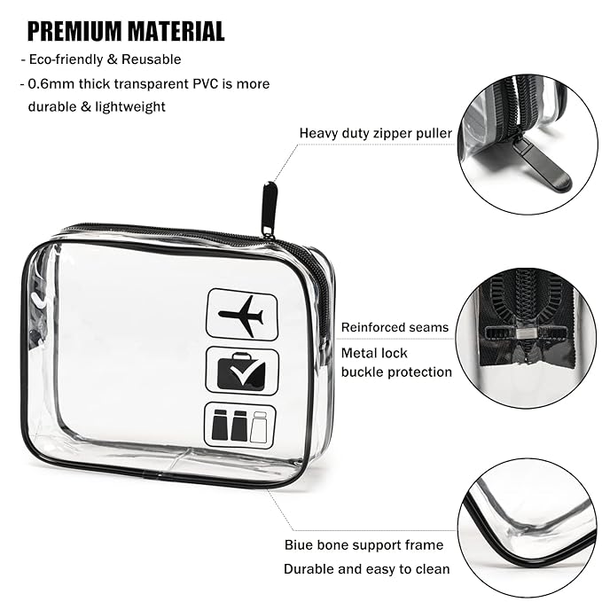 MODENGKONGJIAN TSA Approved Toiletry Bag, 3 Pcs Clear Toiletries Bags Quart Size Travel Makeup Cosmetic Bag for Women Men, Carry on Airport Airline Compliant Bag (Black)