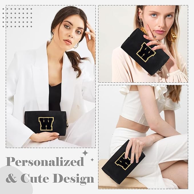Personalized Initial A-Z Preppy Patch Makeup Bag,Small PU Chenille Letter Cosmetic Bag with Zipper for Teen Girls,Black Cute Toiletry Organizer Bag,Monogram Makeup Case Gift for Women Girls,Letter W
