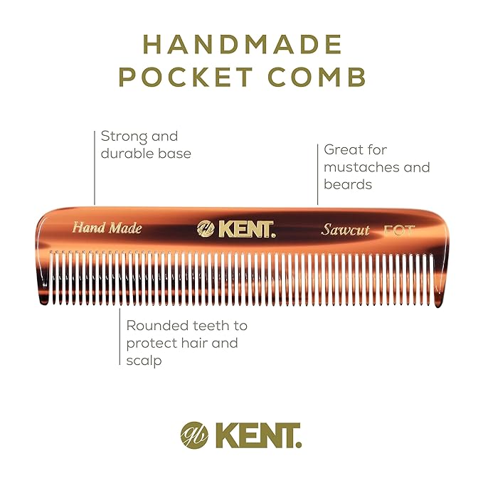 Kent FOT Handmade Pocket Comb for Men, Women and Kids, All Fine Tooth Hair Comb Straightener for Everyday Grooming and Styling Hair, Beard and Mustache, Saw Cut and Hand Polished, Made in England