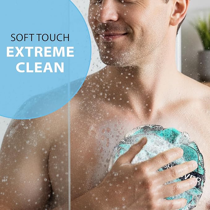 SHOWER BOUQUET Loofah-Charcoal Bath-Sponge XL-4-Pack-Blue-Green // Extra Large 75g Soft Mesh Color & Black Lufa Loofa Loufa Puff Set/Exfoliating Body Scrubber for Women and Men - Exfoliate & Soothe