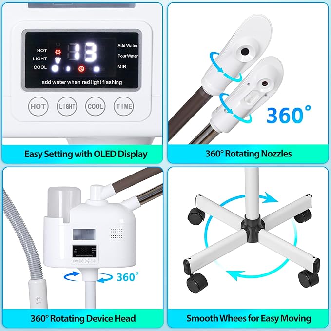 Professional 3 in 1 Facial Steamer, Stand on Wheels with 5X LED Magnifying Lamp, Use at Home or Salon SPA Esthetician with hot and Cold Nozzle for Skin Deep Clean