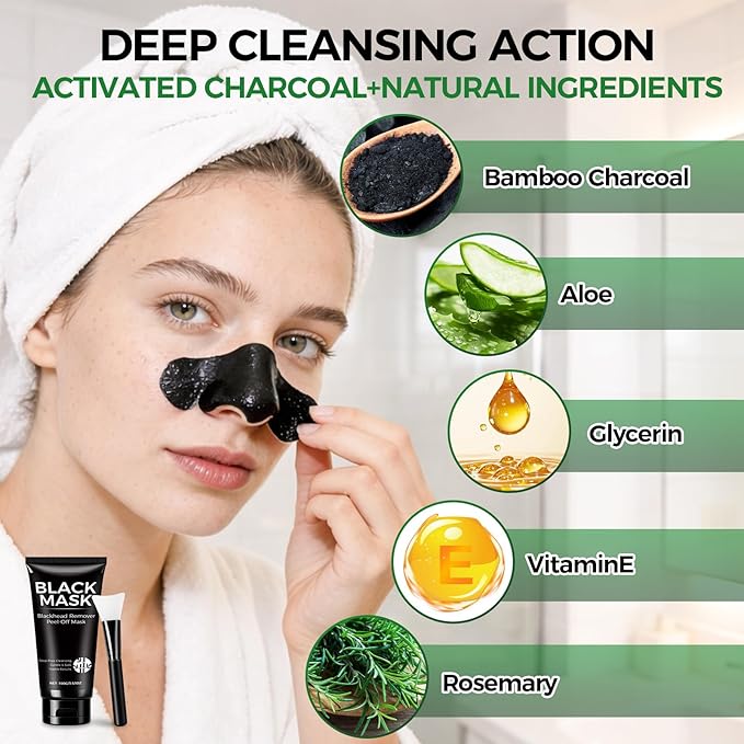 Blackhead Remover Mask Kit, 100ml Charcoal Peel Off Face Mask for Men & Women, Facial Mask Deep Cleansing for Face Nose Blackhead Pores Acne, for Oily & Combination Skin