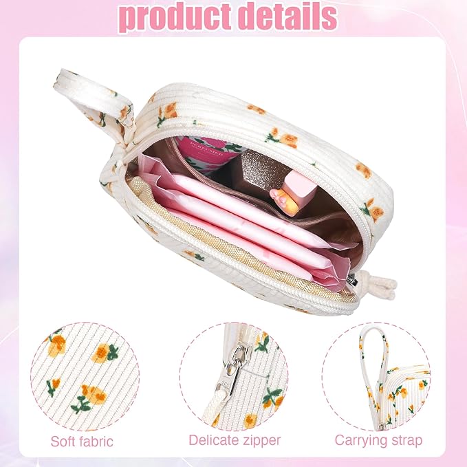 Small Makeup Bag | Discreet Period Bag Pad Pouch for Purse| Sanitary Napkin Storage & Tampon Holder for Travel (Flower yellow)