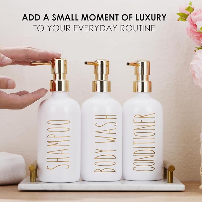 HOMCDALY Shampoo and Conditioner Dispenser Set of 3, 21oz Shower Soap Bottles with Pump, Refillable Shampoo Conditioner Body Wash Dispenser, Bathroom Shower Shampoo Bottles, Shampoo Container(P-Gold)