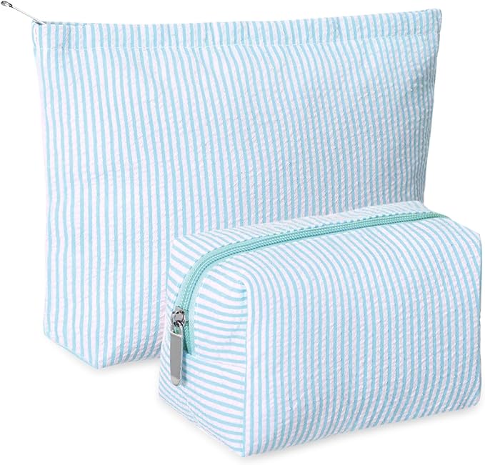 2 Pcs Makeup Bag Set Cute Cosmetic Pouch for Women Seersucker Travel Toiletry Bag Preppy Small Makeup Purse Pouch Aesthetic Skincare Brushes Storage Organizer for Valentine Women(Light Blue)