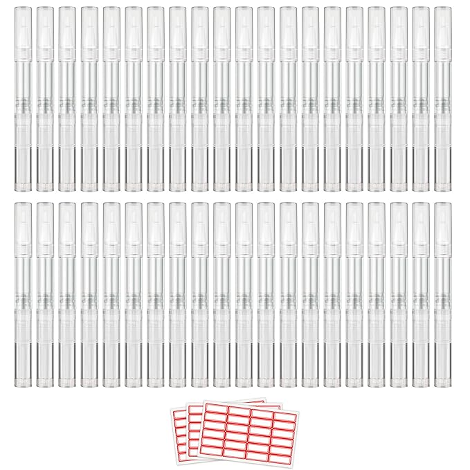40 Pieces 3 ml Empty Cuticle Oil Pen Containers, Empty Nail Oil Pen Containers, Transparent Twist Pens with Brush Tip, Cosmetic Lip Gloss Containers, with 3 Stickers