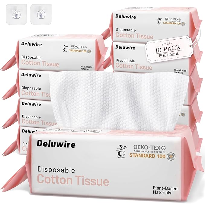 Soft Dry Wipe 10 Pack, Face Tissues, Lint Free Facial Cleansing Towels Disposable, Extra Thick Dry and Wet Use for Sensitive Skin, Makeup Removing, Surface Cleaning (800 Count)