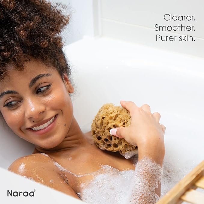 Naroa Massage Natural Shower Sponge | Unbleached Body Scrubber Puff | Bath Sea Loofah for Healthy Skin | Sustainable Plastic Free (Small)