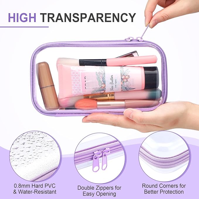 Hoolerry 4 Pcs Hard Clear Zipper Case Makeup Bags Plastic Zipper Pouch Transparent Storage Box Containers for Cosmetics, Snacks, Building Blocks, Puzzles(Clear,7.5 x 3.9 x 2 in,Purple)
