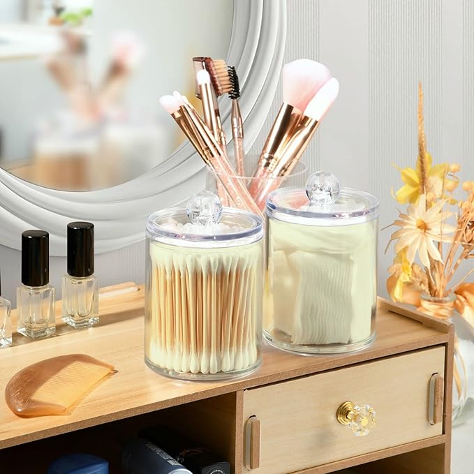 Beige Qtip Holder Organizer Dispenser Cotton Swabs Cans Plastic Jars with Lid Set 2 Pack Bathroom Storage Canister for Cotton Ball Floss Cotton Pads