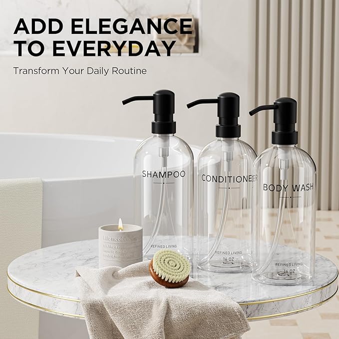 Shampoo and Conditioner Dispenser Set,3 Refillable 16oz Bottles with Stainless Steel Pumps – Shower Soap Dispensers for Bathroom, Hotel or Airbnb (Transparent, 3-Pack)
