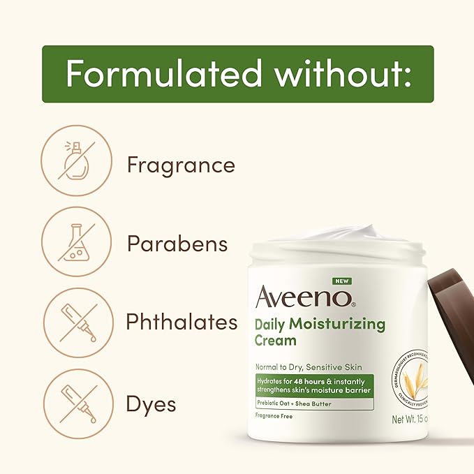 Aveeno Daily Moisturizing Cream with Prebiotic Oat & Shea Butter for Body,Face & Hands Moisturizer Cream,Hydrates Normal to Dry,Sensitive Skin,Fragrance Free,Non-Comedogenic,20 oz,(Pack of 2)