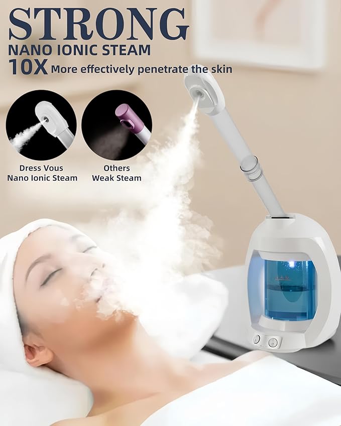 Facial Steamer-Face Steamer for Facial Deep Cleaning, Vaporizador Facial for Esthetician and Nano Ionic Hot Steam for Face, Professional Facial Steamer with a Headband and Acne Needle Set.(Blue)