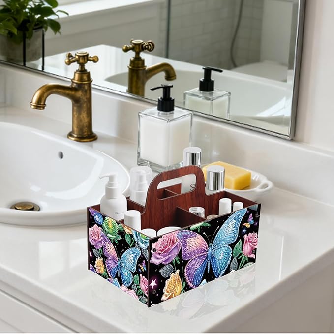 DIY Flower Diamond Art Wooden Multi-Compartment Organiser Box with Handle Diamond Painting Cosmetic Storage Box for Adult Portable Wooden Storage Case for Storing Desktop Items