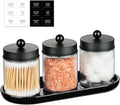 SheeChung 3-Pack Glass Apothecary Jars with Acrylic Vanity Tray - Bathroom Organizer Set for Qtip, Cotton Ball, Floss Picks - Modern Industrial Style Bathroom Accessories Storage Canister (Black)