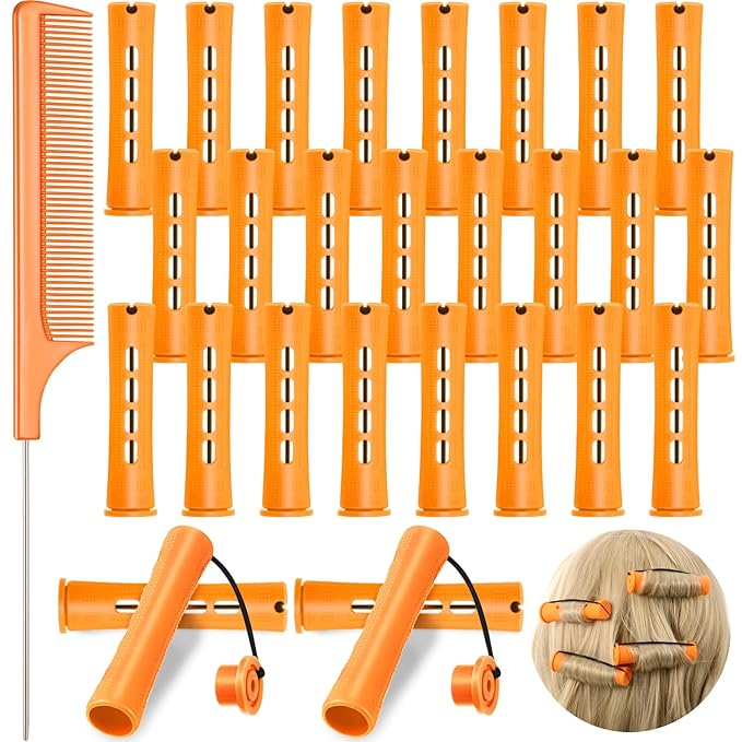 Chuangdi 24 Pcs Hair Perm Rods Plastic Cold Wave Perming Curlers Hair Rollers with Steel Pintail Comb Rat Tail Comb Tools for Hairdressing Styling(Orange,0.87inches)