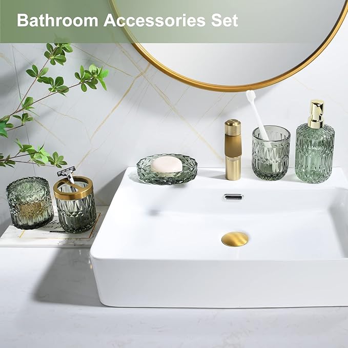 Green Bathroom Accessories Set, 5Pcs Clear Glass Bathroom Set Accessories, Soap Dispenser, Soap Dish, Toothbrush Holder Set, Tumbler, Qtips Holder for Vintage Crystal Bath Decor