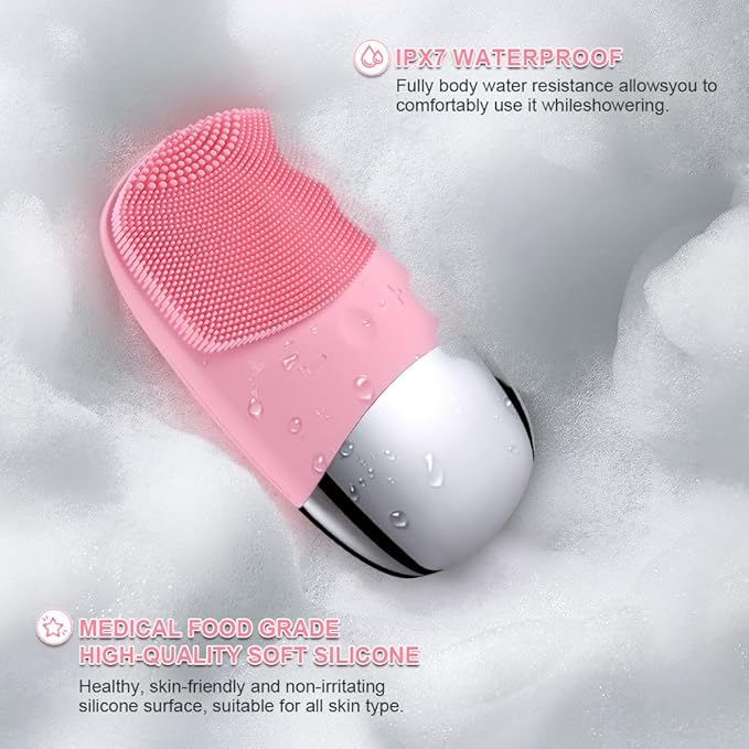 MEGAN Facial Cleansing Brush,USB Rechargeble Electric Silicone Face Scrubber,IPX7 Waterproof Sonic Facial Massager, 3 in 1 face Brush for Deep Cleanning, Blackhead Remover, Exfoliating.（Pink）