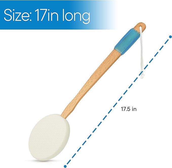 RMS 17.5" Long Lotion Applicator with 4 Pads - Long Handle for Easy Reach and Self Application of Body Wash - Shower Brush for Both Men and Women (Travel Bag Included)