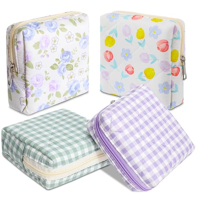 Paterr 4 Pcs Mini Quilted Floral Makeup Bag Women Gifts Small Cosmetic Bag Floral Quilted Makeup Pouch with Zipper Cute Travel Toiletry for Mom Teacher Women Girls Gifts(Blue Flower, Gingham)