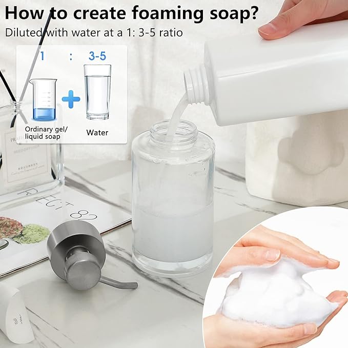 Foaming Soap Dispenser Set, 12 Oz Glass Hand Soap Dispenser with 304 Rust Proof Stainless Steel Pump, Waterproof Labels, for Bathroom Decor Kitchen College Dorm, Clear Silver Pump
