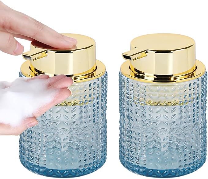 Foaming Soap Dispenser, 2pcs Blue Glass Foam Soap Dispenser with Gold Pump, Refillable 10oz Lotion Liquid Container Pump Bottle for Bathroom Kitchen Countertop