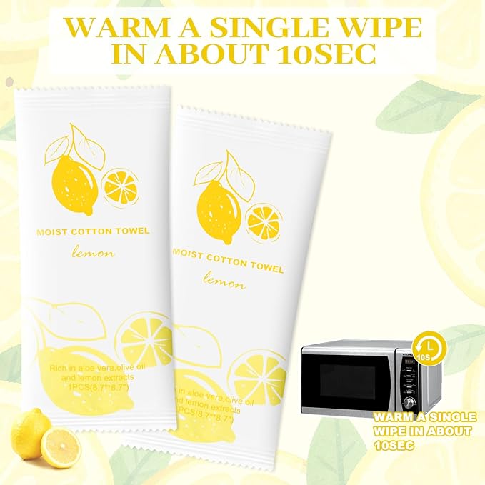 Moist Cotton Towel Bulk Moist Towelettes Individually Wrapped,White Towel Services,Refreshment Pre Moistened Towels for Dentist Travel Sport Party Hotel 200,Lemon