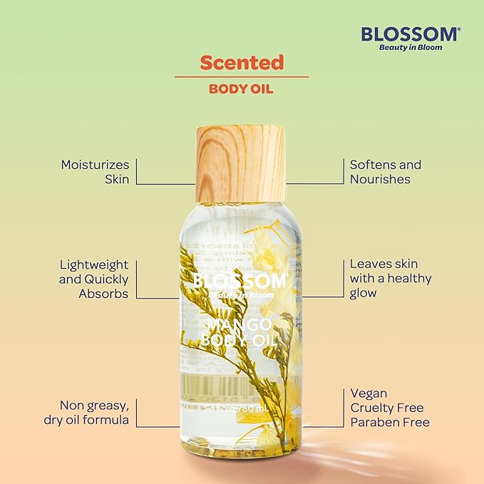 Blossom Dry Body Oil, Scented Body Oils for Women Moisturizing and Hydrating Skincare, Dry Oil for Body Infused with Real Flowers, 2 fl. oz/60ml, Yellow, Mango