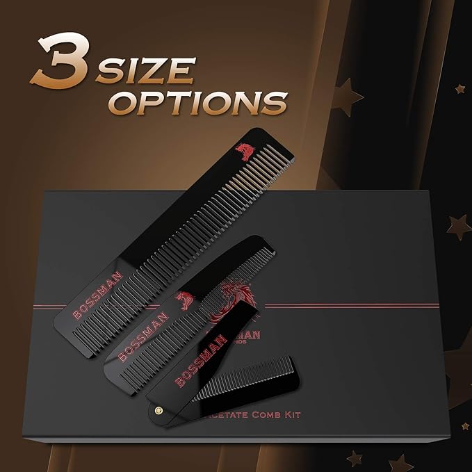 Bossman Acetate Beard, Mustache, & Hair Comb Set of 3 - Combs for Men with Minimalistic Magnetic Box (7.5-Inch, 5-Inch, 3.5-Inch) - Features Rounded Teeth, Double-Sided Teeth, and Foldable Design