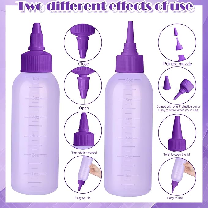 Root Comb Applicator Bottle Oil Applicator for Hair Dye Hair Oiling Bottle with 2 Types Caps and Graduated Scale, 6 Ounce (Purple)