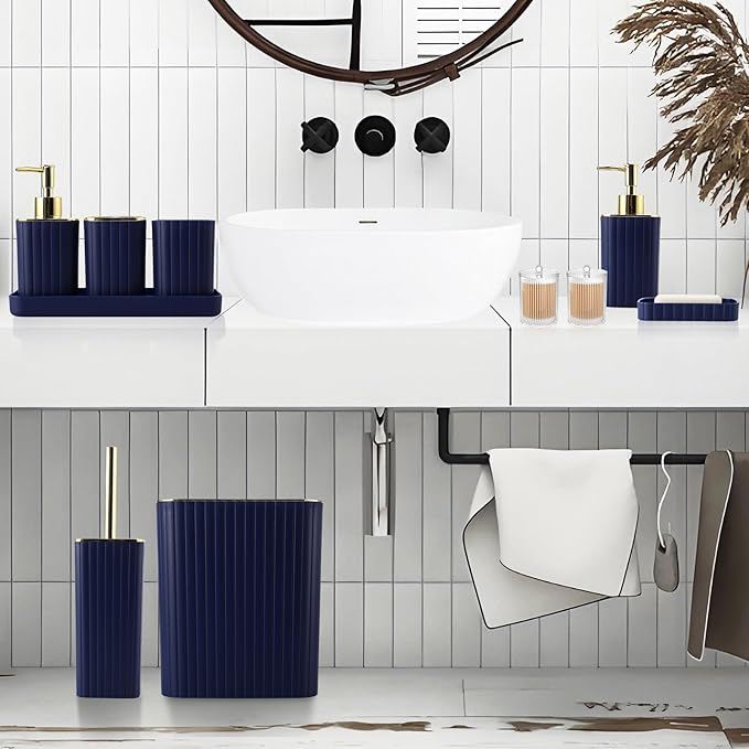 Bathroom Accessories Set - Gorgeous Bathroom Set, 10PC Navy Blue Bathroom Accessory Set, Toilet Brush, Trash Can, Qtip Holder & Soap Dispenser