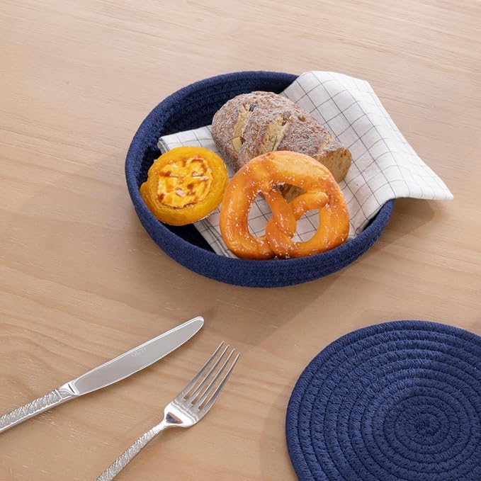 SHACOS 8 Inches Trivets for Hot Dishes, 4 Pieces Cotton Trivets Mats for Kitchen with Storage Basket, Hot Pads for Countertops and Table, Heat-Resistant Pot Holders for Hot Pots and Pans, Navy Blue