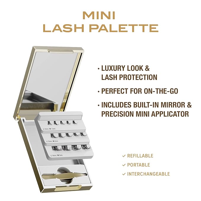 VLuxe Mini Lash Palette with Mirror & Tweezer Applicator, Luxury Lash Cluster Organizer Holder for Eyelash Extension & Fake Lash, Travel Storage Case for Mini Extended Lashes, Compact & Refillable