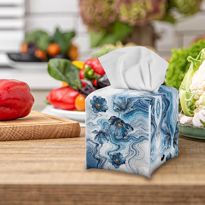 Blue Marble Flower Tissue Box Holder Waterproof PU Leather Square Modern Tissue Box Cover with Metal Button Napkin Holder for Home Office Car