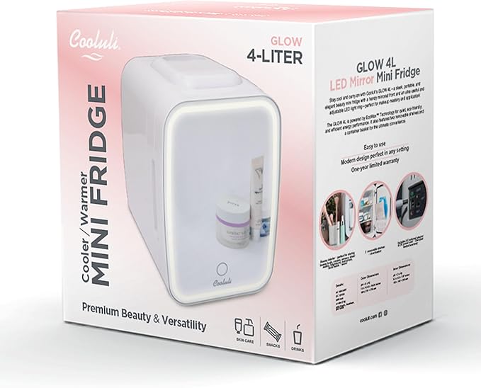 Cooluli Glow 4L Mini Skincare Fridge with Mirror & LED Light - Small Refrigerator for Skin Care, Makeup, Food & Drinks - Portable Mini Fridge for Bedroom & Office, 100-240V, White Mirror LED