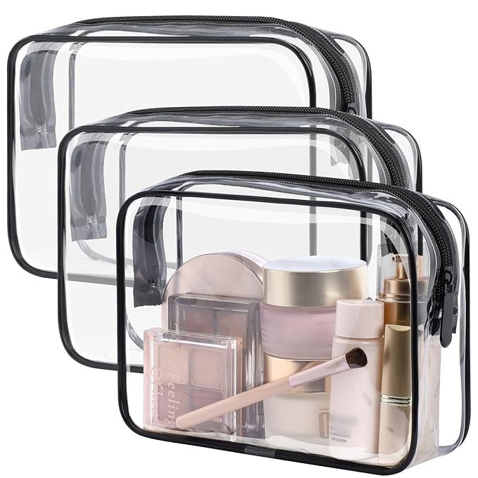 PACKISM TSA Approved Toiletry Bag - Clear Makeup Bag 3 Pack Medium, Quart Size Bag for 3-1-1 Liquids with Metal Smooth Zipper, Travel Makeup Bag for Women Men, Airport Airline Compliant Bag, Black
