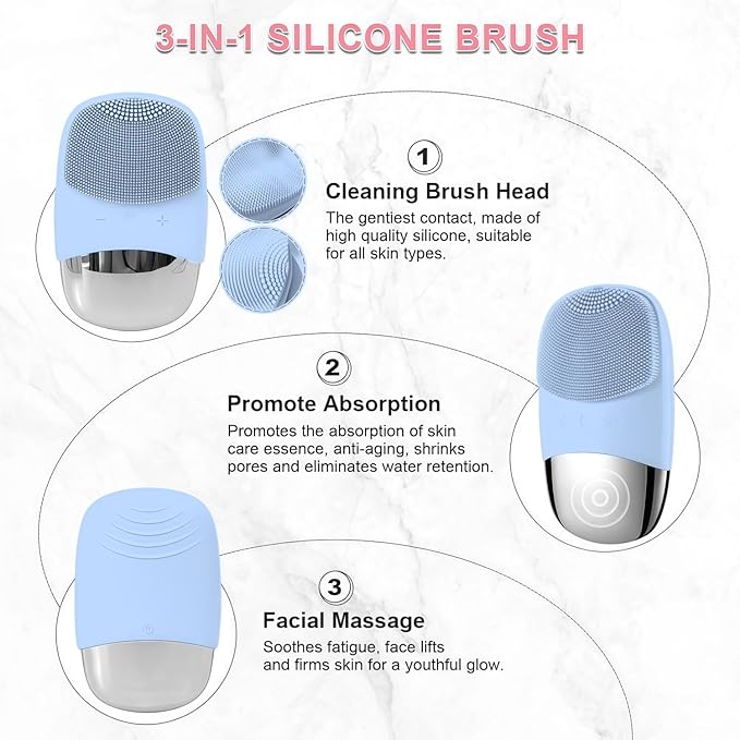 MEGAN Facial Cleansing Brush,USB Rechargeble Electric Silicone Face Scrubber,IPX7 Waterproof Sonic Facial Massager, 3 in 1 face Brush for Deep Cleanning, Blackhead Remover, Exfoliating.（Sky Blue）