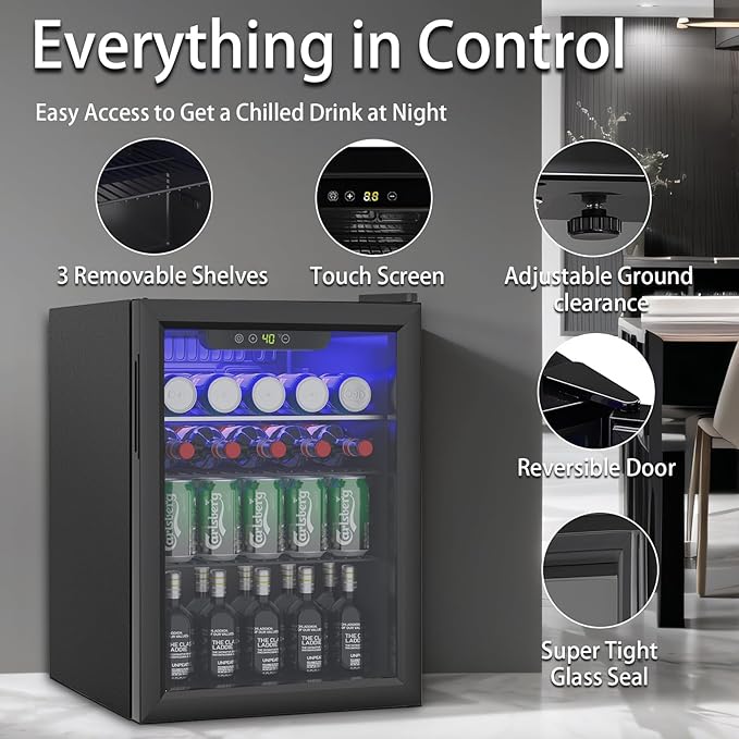 Compact Beverage Refrigerator, 2.6Cu.Ft/95 Can Mini Fridge with Glass Door and Digital Display, Small Drink Fridge with Adjustable Shelves for Soda, Beer, or Wine, Compact Fridge for Home