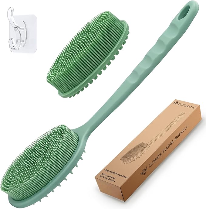 Silicone Back Washer for Shower, Gentle Exfoliating Body & Back Scrubber with Handle, Silicone Loofah with Two Dual-Side & Replaceable Brush Heads(Green-Two Heads)