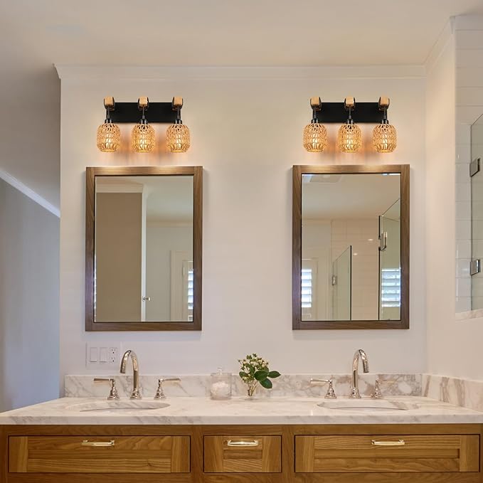 Bathroom Vanity Light Fixtures, 3-Light Farmhouse Bathroom Light Over Mirror, Rustic Boho Wood Sconces Wall Lighting with Woven Lampshade for Living Room, Bedroom, Hallway