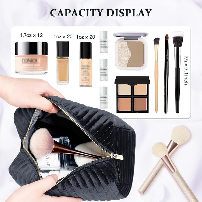 COSHAYSOO Travel Makeup Bag Quilted Make Up Pouch Initial Velvet Cosmetic Case with Butterfly Decorations for Women Cheerleader Volunteer Boss Lady Office Administrator Counselor Gifts Black Letter I