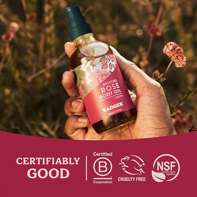 Badger Rose Body Oil, 100% Organic Rose Scented Body Oil, All Natural Body Moisturizer, Organic Jojoba & Rose Oils Soothe Dry Skin, 4 fl oz Glass Bottle