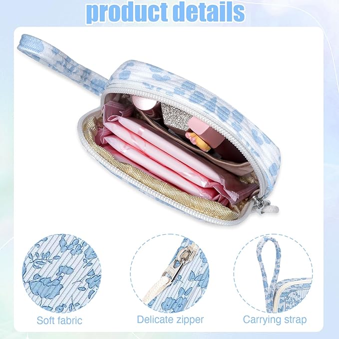 Small Makeup Bag | Discreet Period Bag Pad Pouch for Purse| Sanitary Napkin Storage & Tampon Holder for Travel (Flower blue)