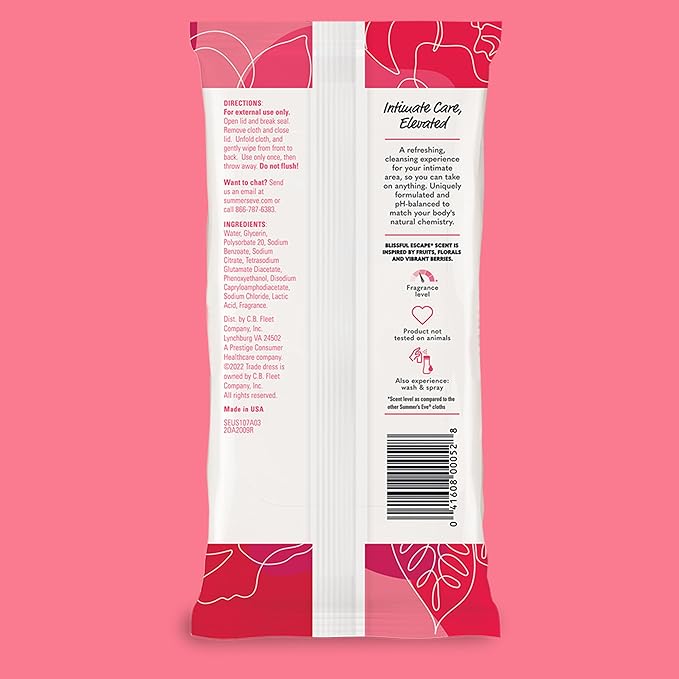Summer's Eve Feminine Wipes, Blissful Escape, Vaginal Wipes, Feminine Care to Help Remove Vaginal Odor, Gynecologist Tested, 32 Wipes, Pack of 4