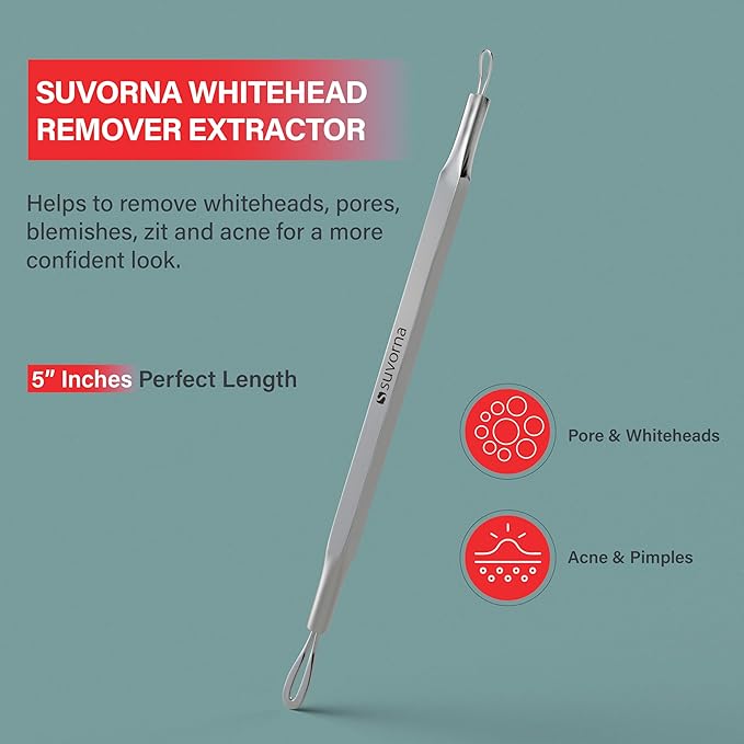 Suvorna Skinpal s25 - Whitehead & Blackhead Remover, Cleaner & Comedone Extractor 2 in 1. Made of Dermatologist Grade Surgical Steel. Approved by Best aestheticians, Comes with Product Guide & Pouch.